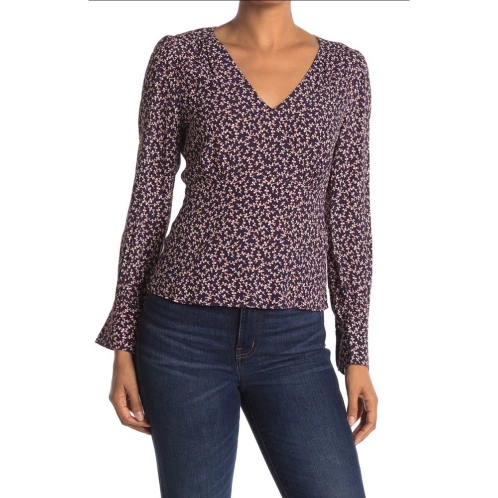 Ba&sh Womens Marine‎ Blue Gil V-Neck Printed Long Sleeve Blouse Top Bash Small